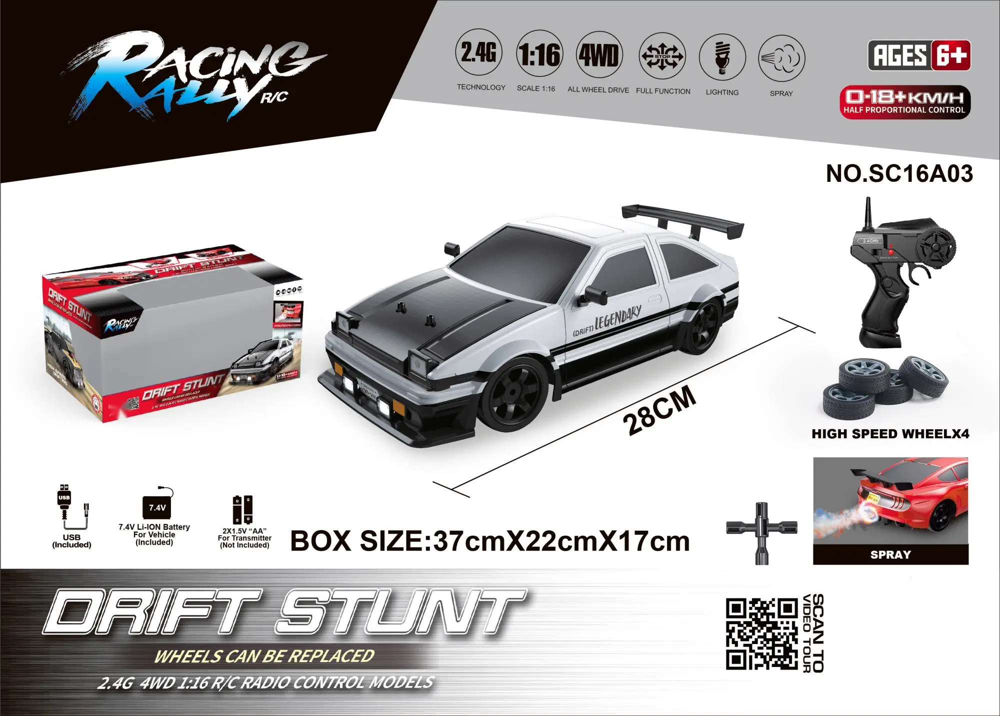 2022 New Product 1: 16 Simulation 4WD Drift Car Window Box 2.4GHz LED Lights Smoke Function Remote Control Distance of 35 Meters 4 Wheel Drive Drift Performance