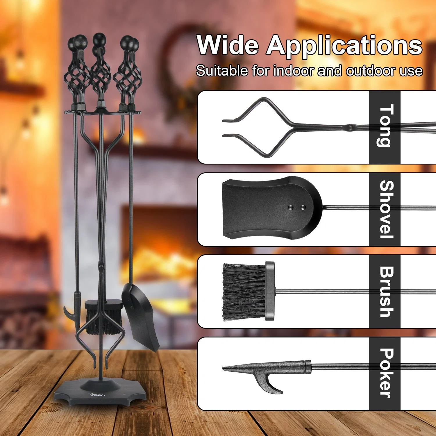 5 Pieces Fireplace Tool Set Black Cast Iron Fire Place Tool Set with Log Holder Fire Pit Stand Rustic Tongs Shovel Antique Broom Chimney Poker Wood Stove