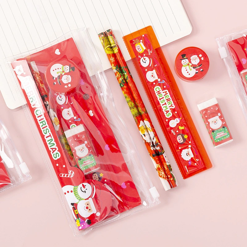 Christmas Stationery Set Pencil Eraser Sharpener Ruler Pull Side Bag Student Stationery