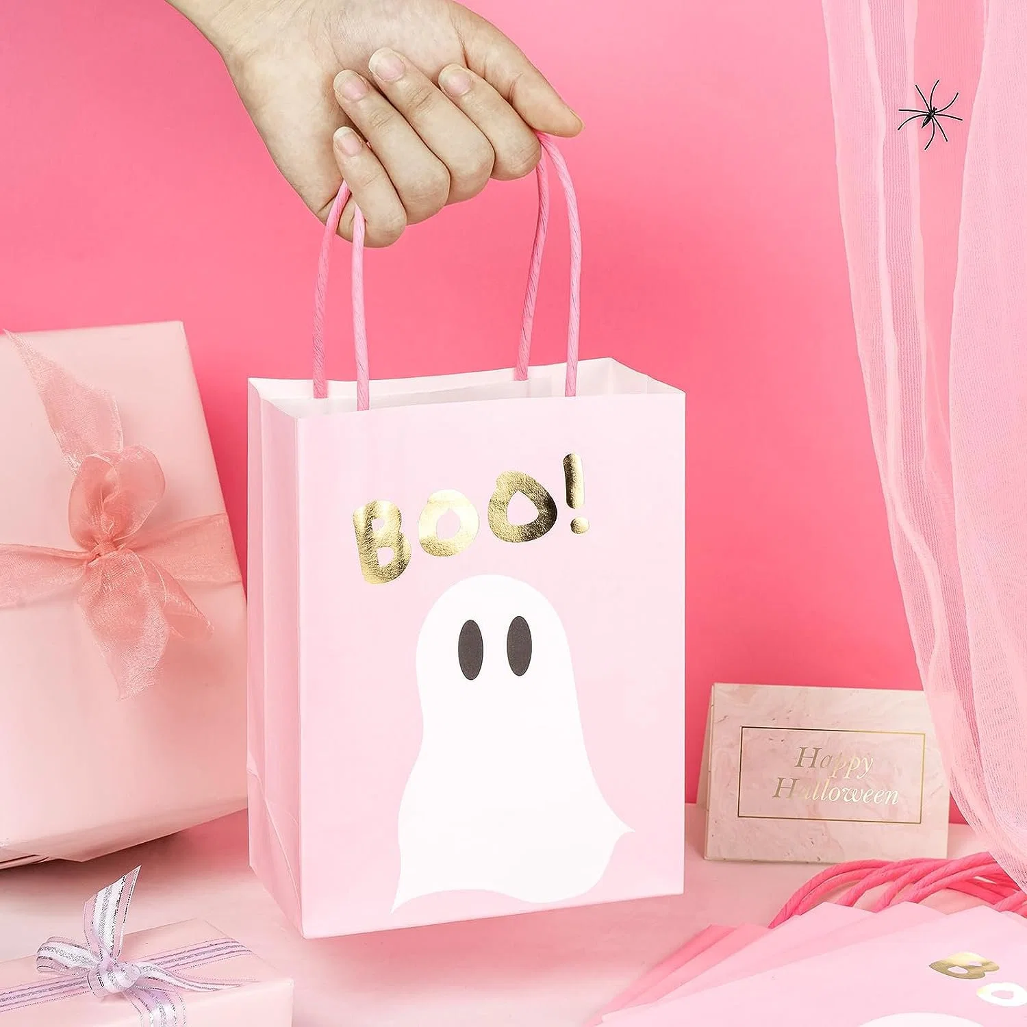 Pink Kraft Paper Gift Bags for Hallowen, Holiday, Party Gift Wrap