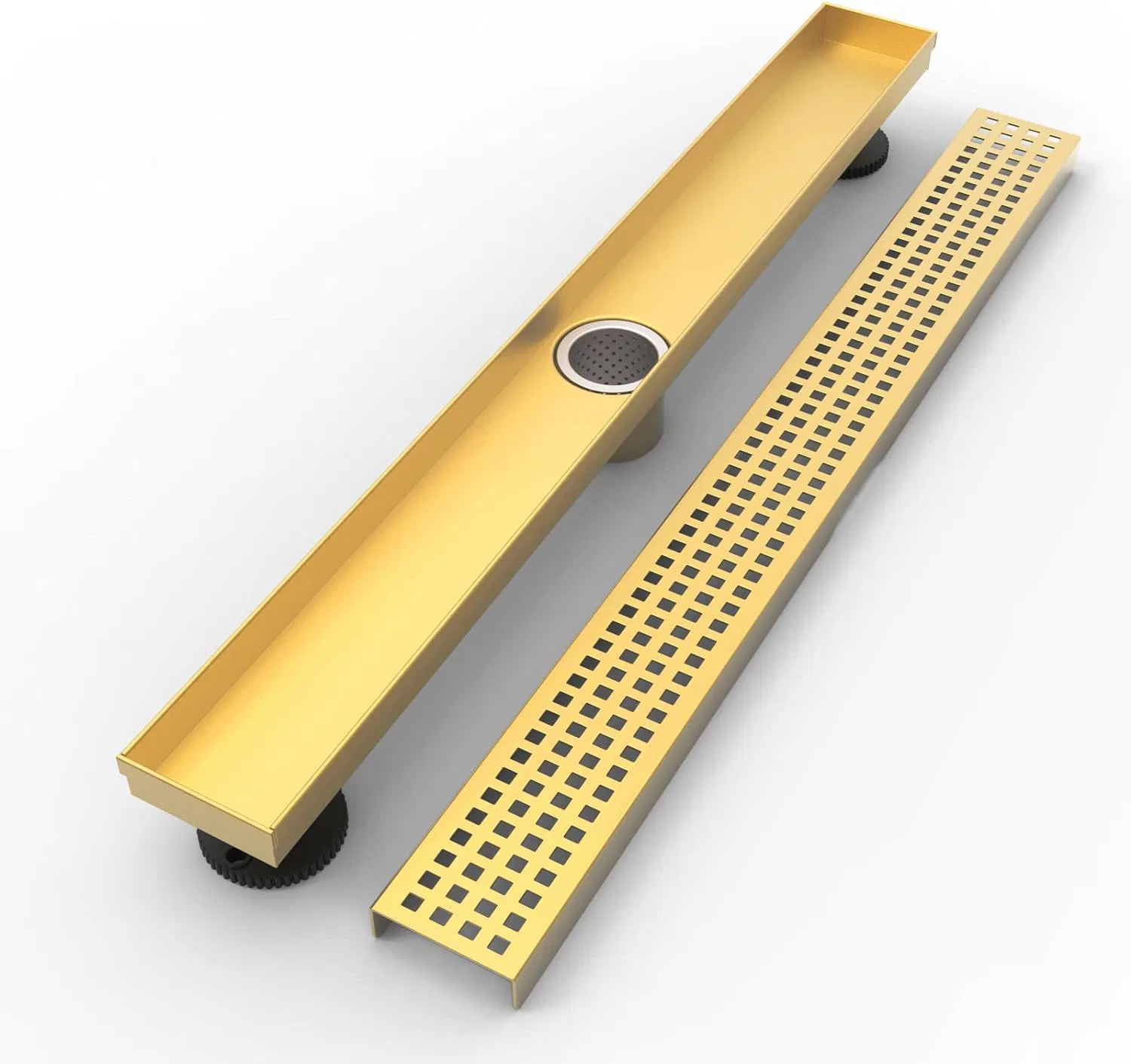 36-Inch Brushed Brass Linear Shower Drain with Removable Quadrato Pattern Grate, 304 Stainless Steel Gold