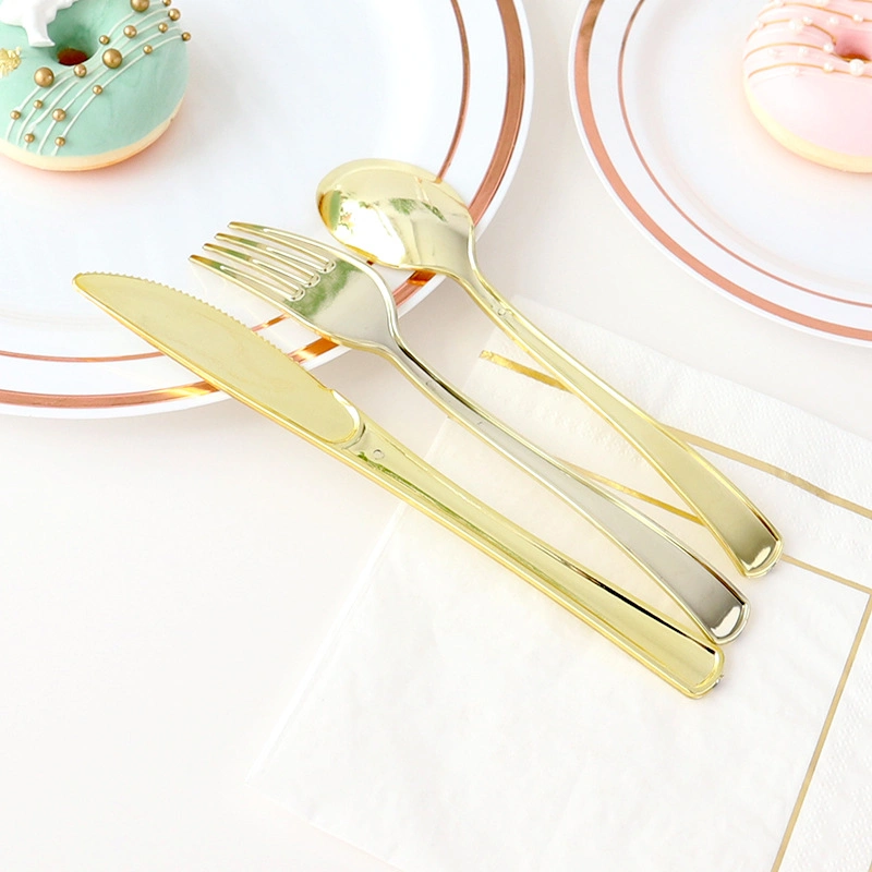 Coutellerie jetable couteaux, fourchettes, cuillères anniversaire or ensemble de vaisselle PS Plastic Rose Gold (y-11)