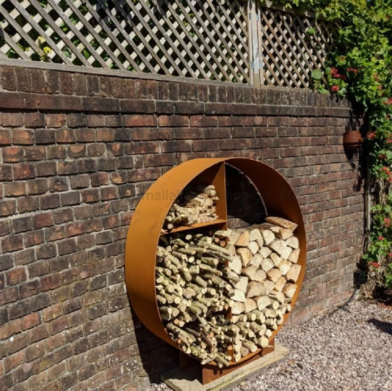 Metal Log Store Outdoor Round Wood Storage Stand in Corten Steel