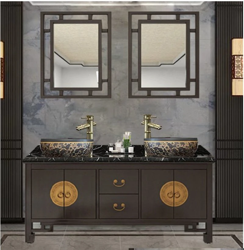 Chinese Style Copper Handle Oriental Ancient Charm Brown Solid Wood Bathroom Cabinet