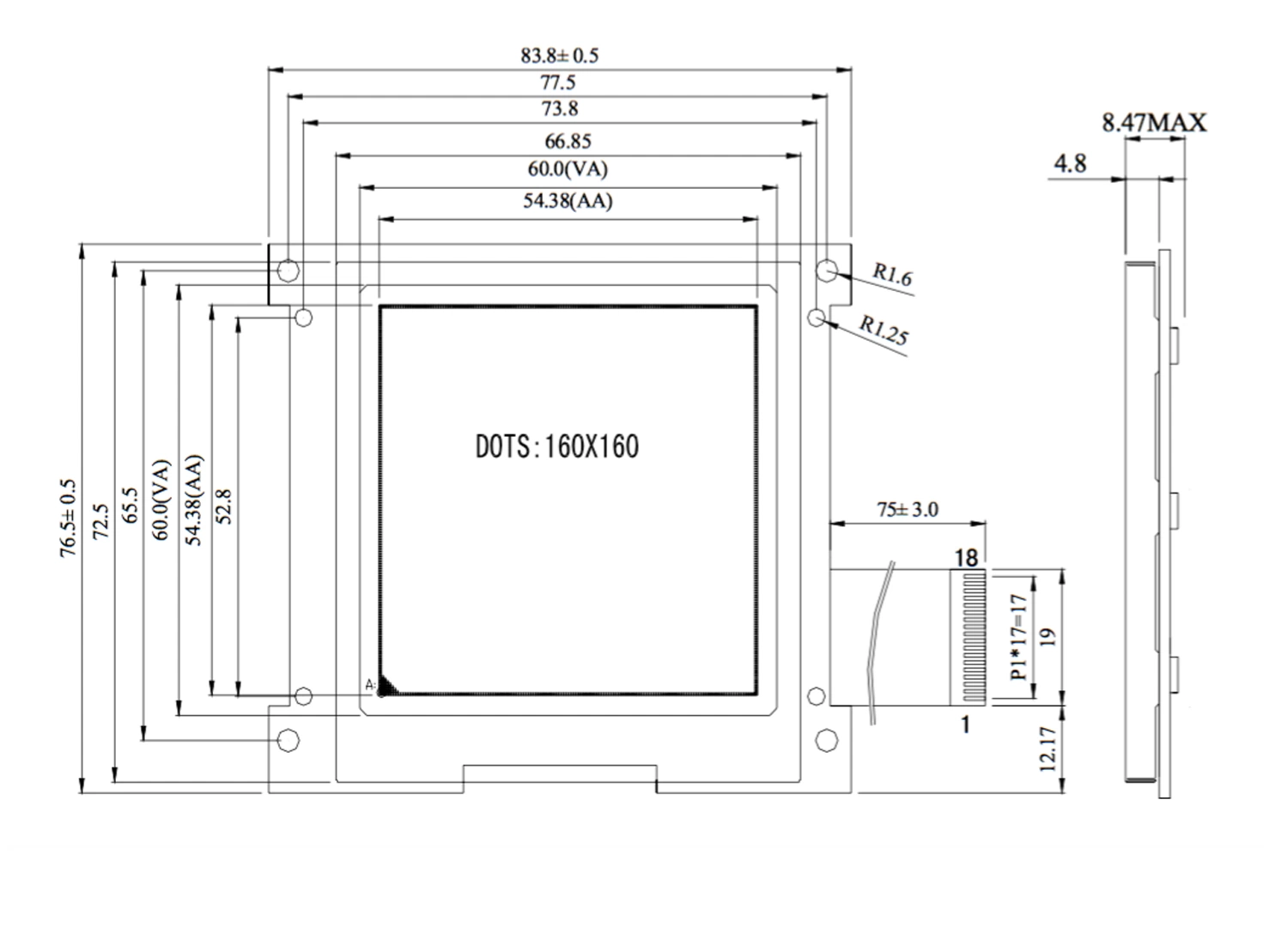 160X160 Monitor LCD gráfico, MCU 8bit, UC1698, 18pin, COB, pantalla LCD