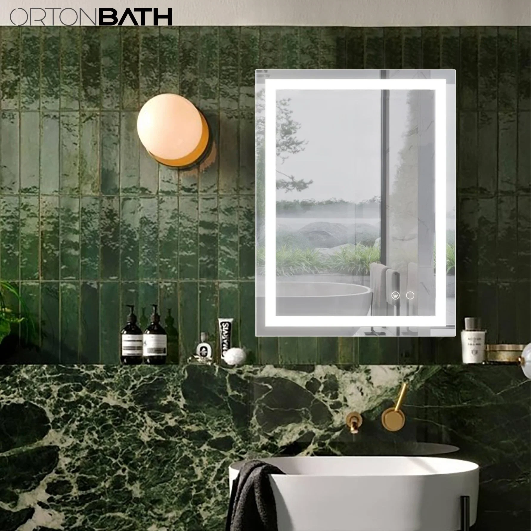 Зеркало для ванной комнаты Ortonbath 24X32 со светодиодной подсветкой и функцией запоминания настроек, затемнение Подсветка + подсветка спереди освещенное светленное зеркало для ванной комнаты