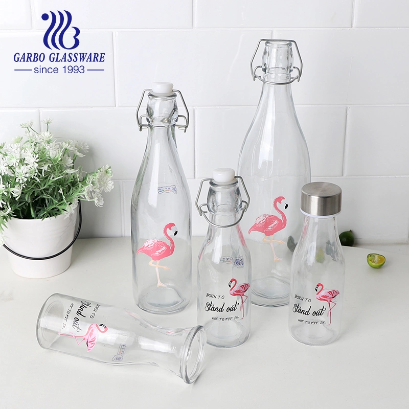 Wholesale Factory Cheap Glass Water Drinking Milk Beverage Bottle Glass Jar with Flamingo Customized Design with Metal Clip Lid