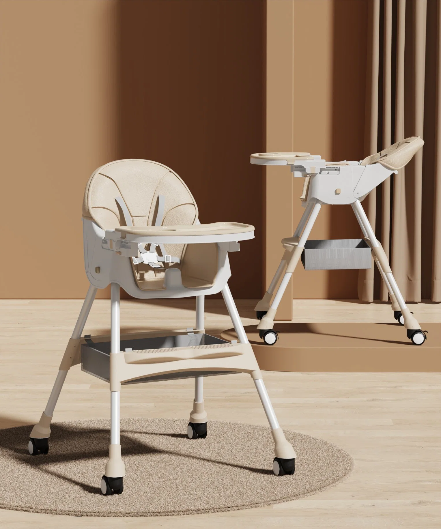 Baby Home Dining Chair/Multi Range Adjustment/PU Cushion/Silent Brake Wheels/Portable Children's Dining Chair