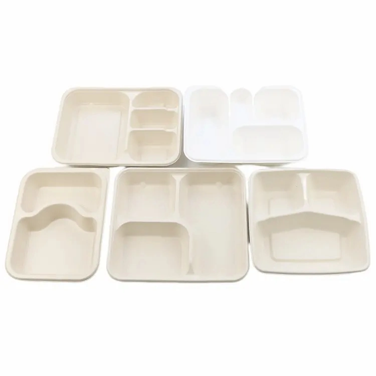 3 4 5 6 Compartiments Emballage de restauration rapide en pulpe de bagasse de canne à sucre, compostable, biodégradable, assiette plateau jetable de grande taille.