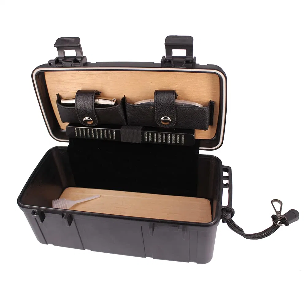 Black Durable Portable Cigar Humidor Case with Cutter and Lighter Gift Set Waterproof Crushproof Holds up to 15 Cigars