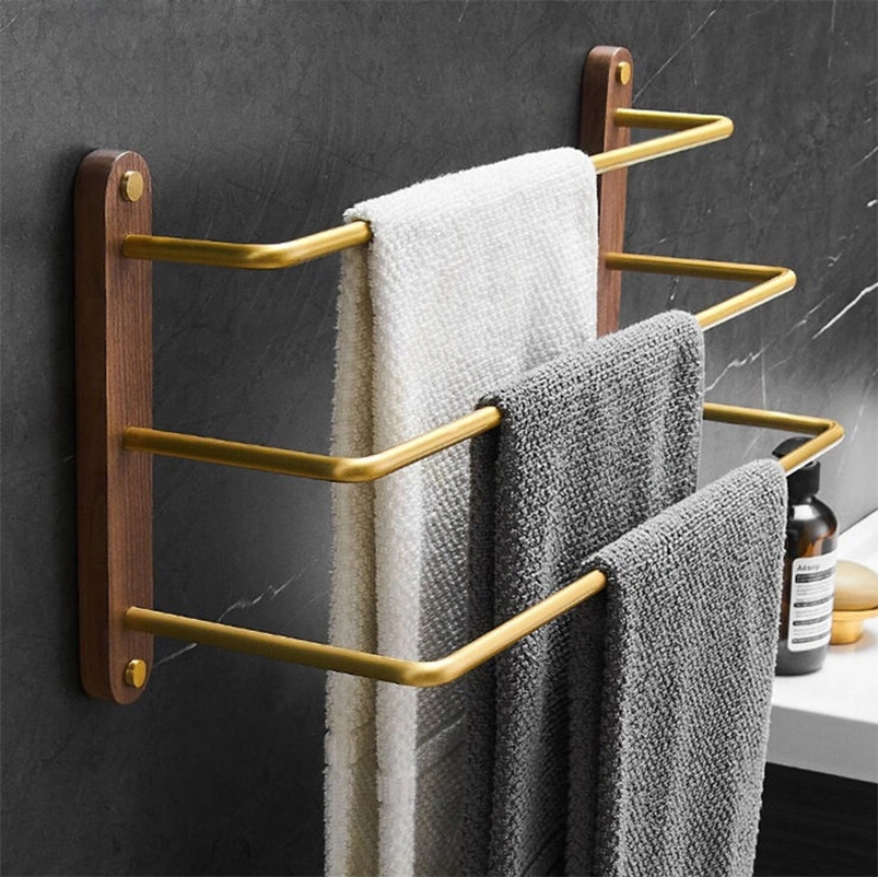 Disfrute en la opulencia: Black Walnut Toallero de lujo con alambre de oro Bar, una exquisita combinación de cuarto de baño decoración mural y una toalla organización