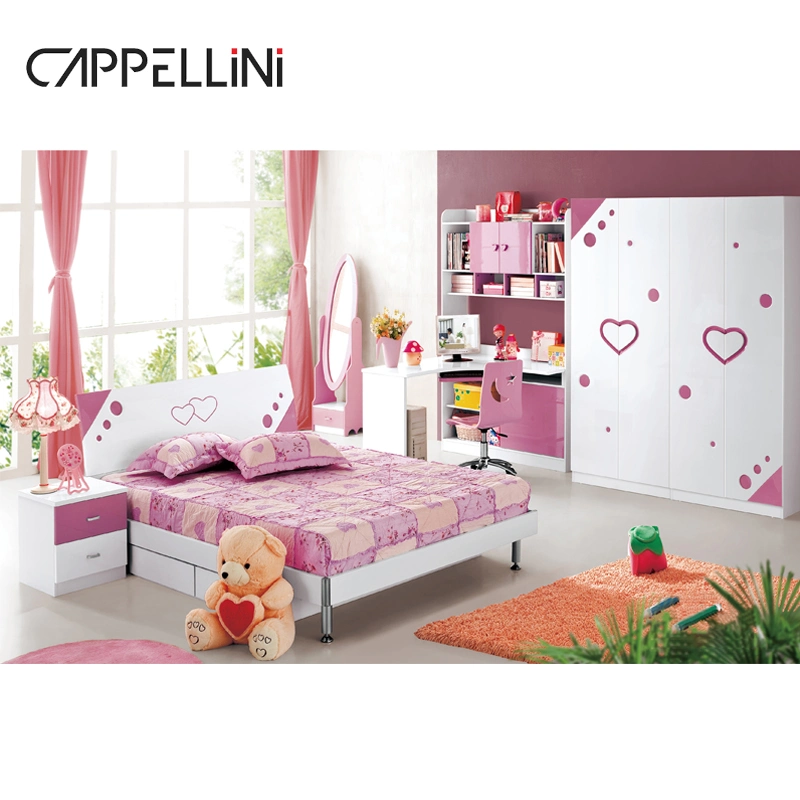 Modern Design School Children Wardrobe Desk Home Girl Princess Kids Bed Bedroom Furniture Set