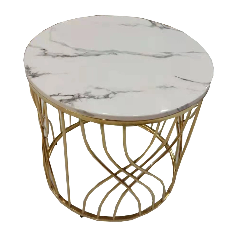 Living Room Home Cafe Furniture Golden Metal Wire Sofa Side Table with Marble Table