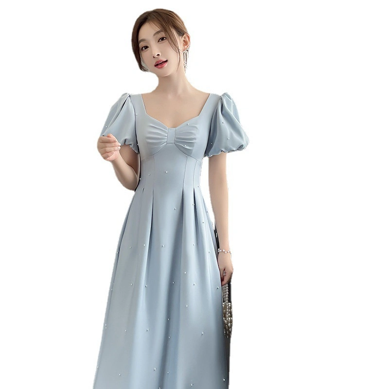 Blue Satin Bridesmaid Dress Autumn and Winter Fairy Sisters Party Long Dress Bridal Wedding Dress