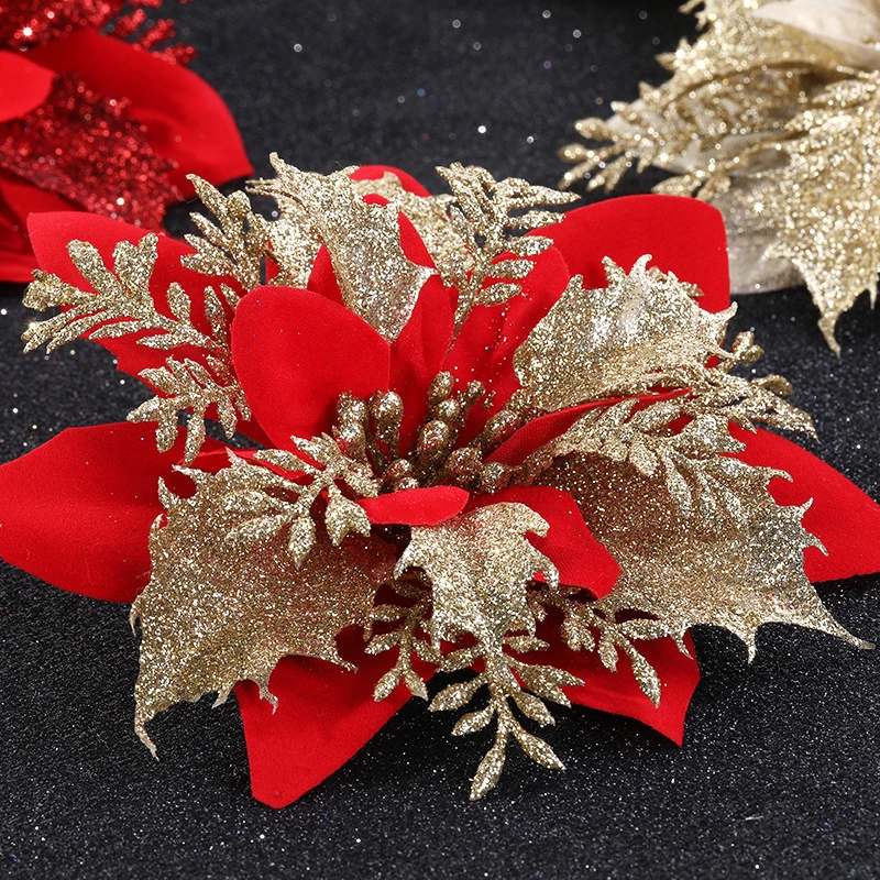 OEM/ODM Arrangement Christmas Tree Decorations Accessories 14cm Gold Silver Flower Head for Home Decoration