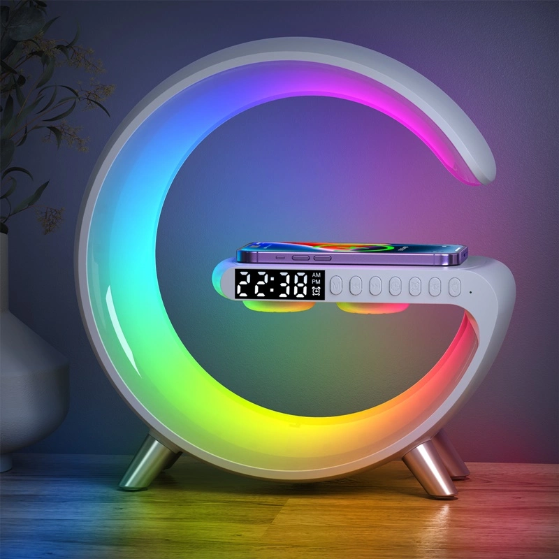 Cargador inalámbrico multifuncional con altavoz, reloj despertador, control de APP, luz nocturna RGB y carga