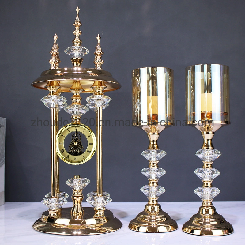 Light Luxury K9 Crystal Pagoda Top Desktop Clock Gold Silver Metal Candle Holder Set for Home Wedding Decor