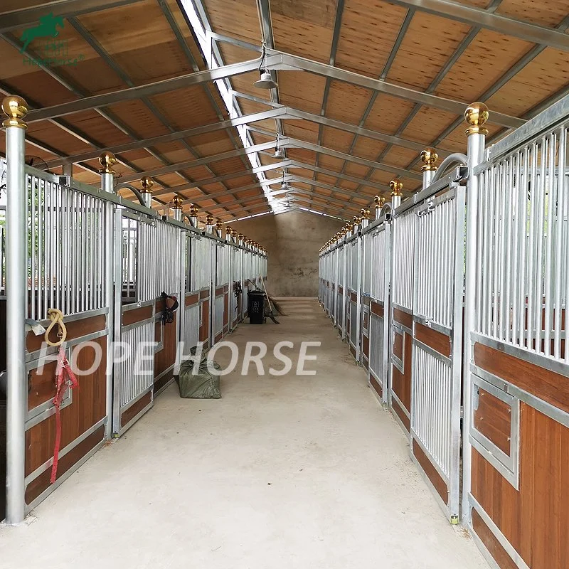 Baias de cavalos com estrutura de aço e painéis de madeira para estábulos.