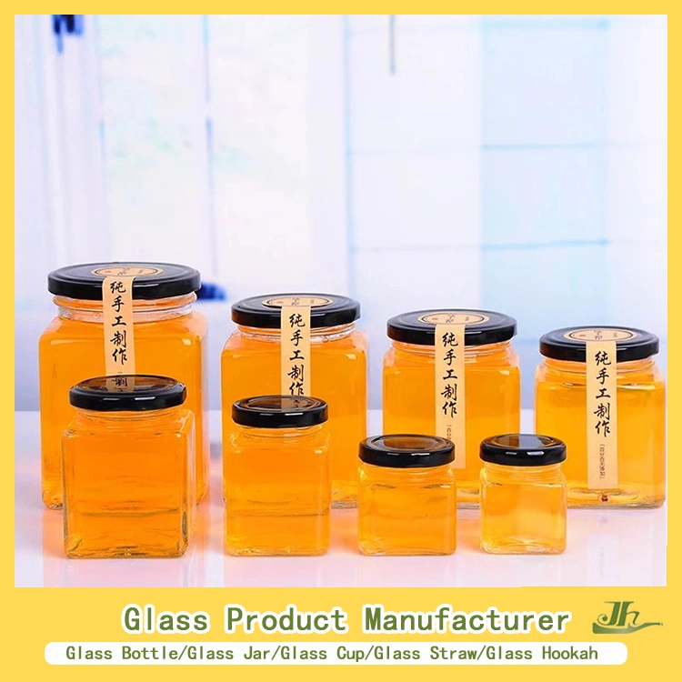 Customized Hexagon, Square, Round Honey/Jam/Pickle/Coffee/Candle/Mason/Pudding/Yogurt/Tea/Kitchen Food Storage Clip-on Glass Container Manufacturer