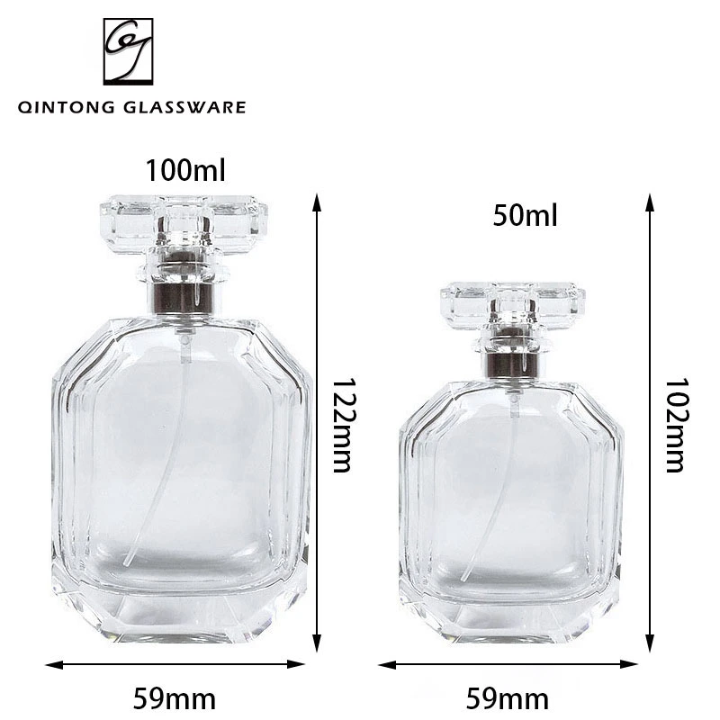 Vente chaude de bouteilles de parfum vaporisateur de luxe vides, étiquette privée hexagonale, de 30 ml, 50 ml et 100 ml, sans capuchon.