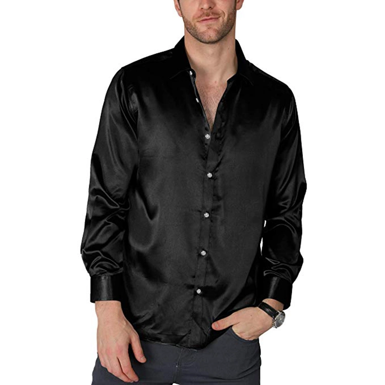 2023 New Design Plain Black 100% Silk Top Shirts Long Sleeve Button Down Custom Silk Shirts Men