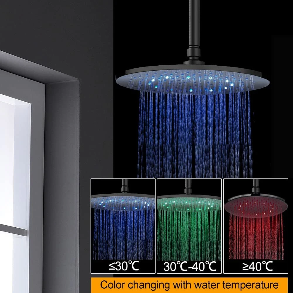 12 Zoll LED rund Duschsystem, Decke Regen Dusche Wasserhahn Fixture Set, Duschkopf und Handheld mit 6 Ganzkörper-Spray Jets (Mattschwarz)