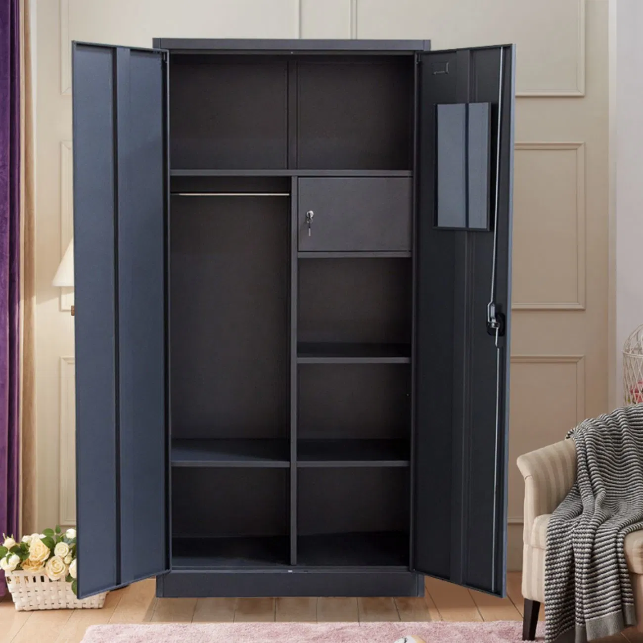 Modern Bedroom Furniture Steel Almari Clothes Locker Metal Filing Cabinet Kitchen Cupboard Metallic Wardrobe