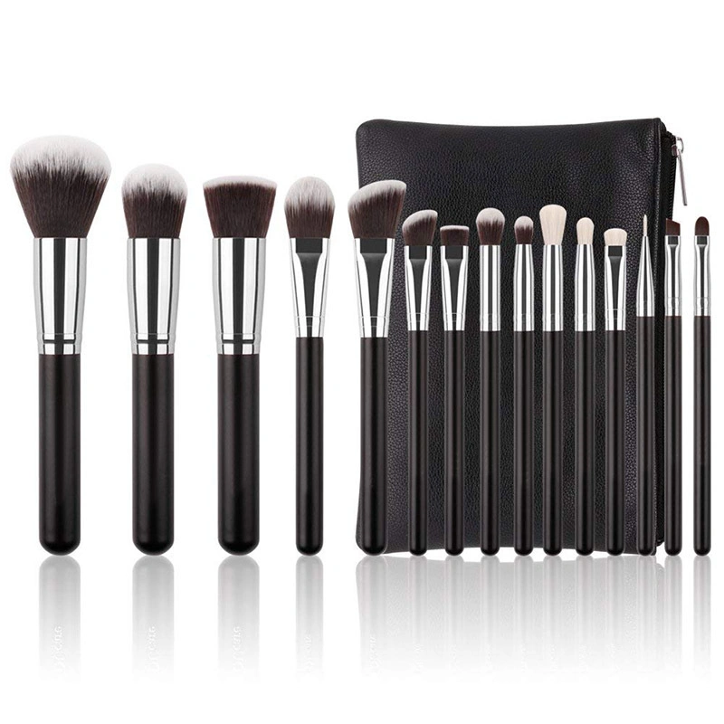 15PCS Black Wooden Handle Professional Makeup Brush Kit with Black PU Leather Bag