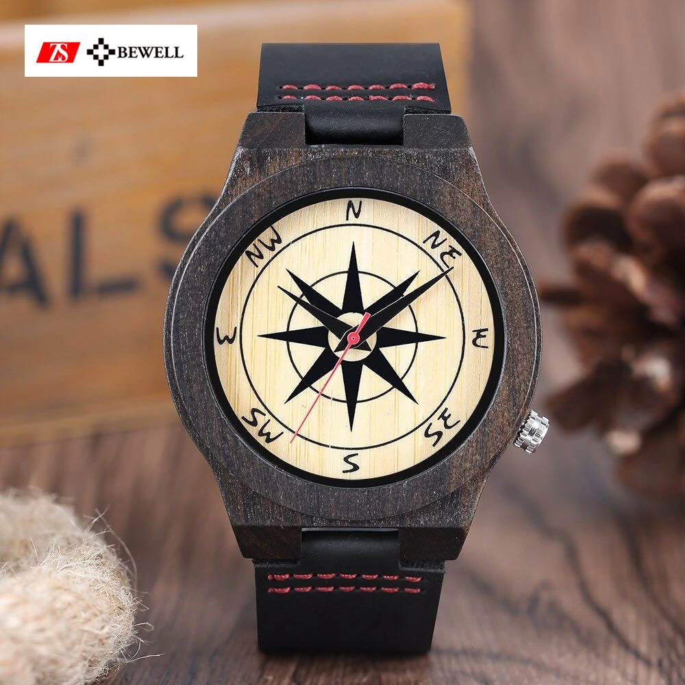 New Style Unisex Wood Craft Compass Watch with Leather Starp