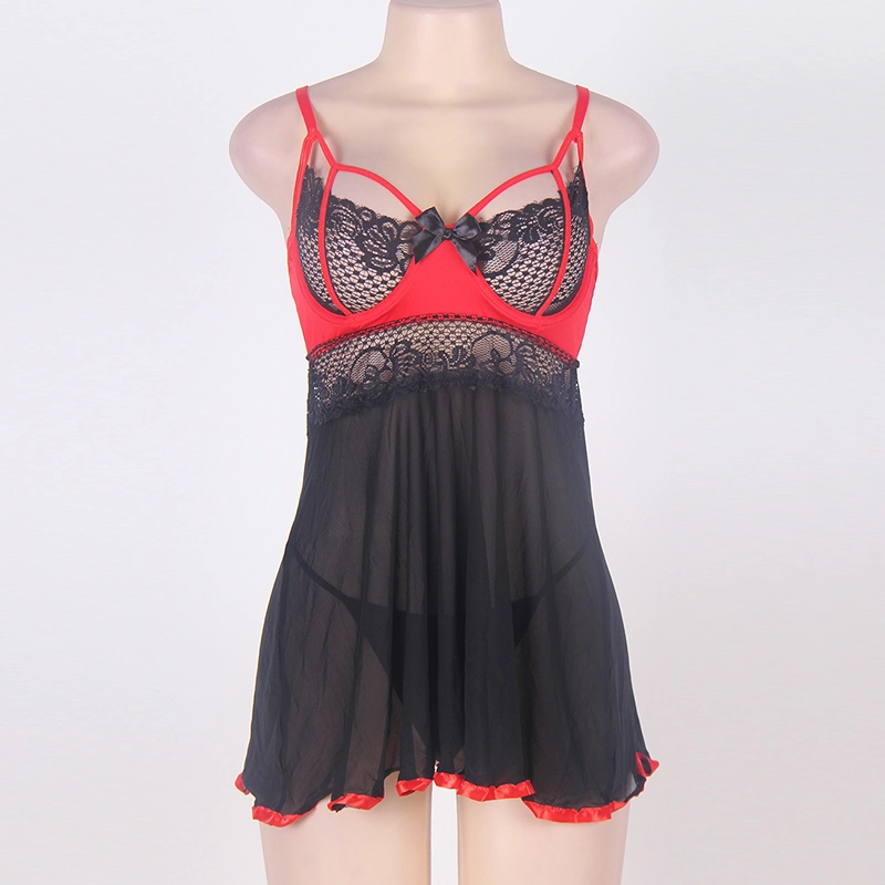 Auf Lager Plus Größe stilvolle Schwarz Floral Lace Babydoll Sexy Schlafbekleidung