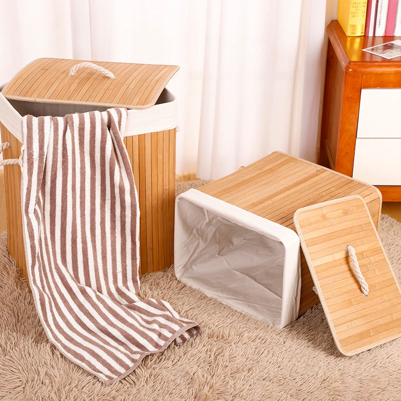 Private Label Home Hamper Foldable Frame Fabric Collapsible Storage Bamboo Clothes Laundry Basket with Lid