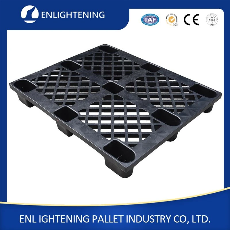 One Way Export Black Light Duty/Weight Industrial Warehouse Flooring Four Way Entry 9 Runner/Leg Nestable Recycled HDPE Disposable Plastic Pallets for Exporting