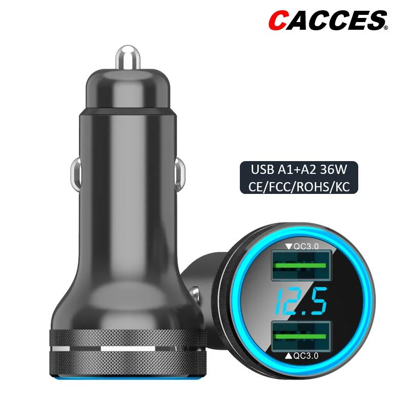 Cacce Car Charger Mini Aluminum Alloy 36W Dual USB Car Charger, 2 Alloy Car Adapter with Blue LED Digital Display Fast Charging Cigarette Lighter Adapter