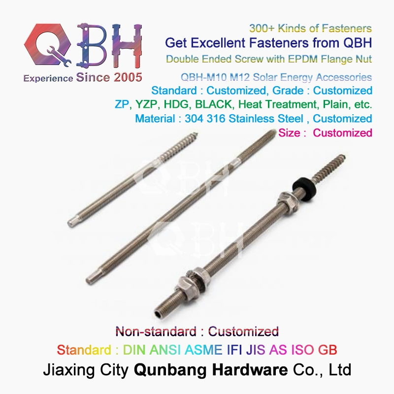 Qbh Customized Carbon Steel/Stainless Steel PV Power Energy Panel Bracket Hanger Roofing Roof Dual Double End Stud Rod Head Screw Bolt Solar Hardware