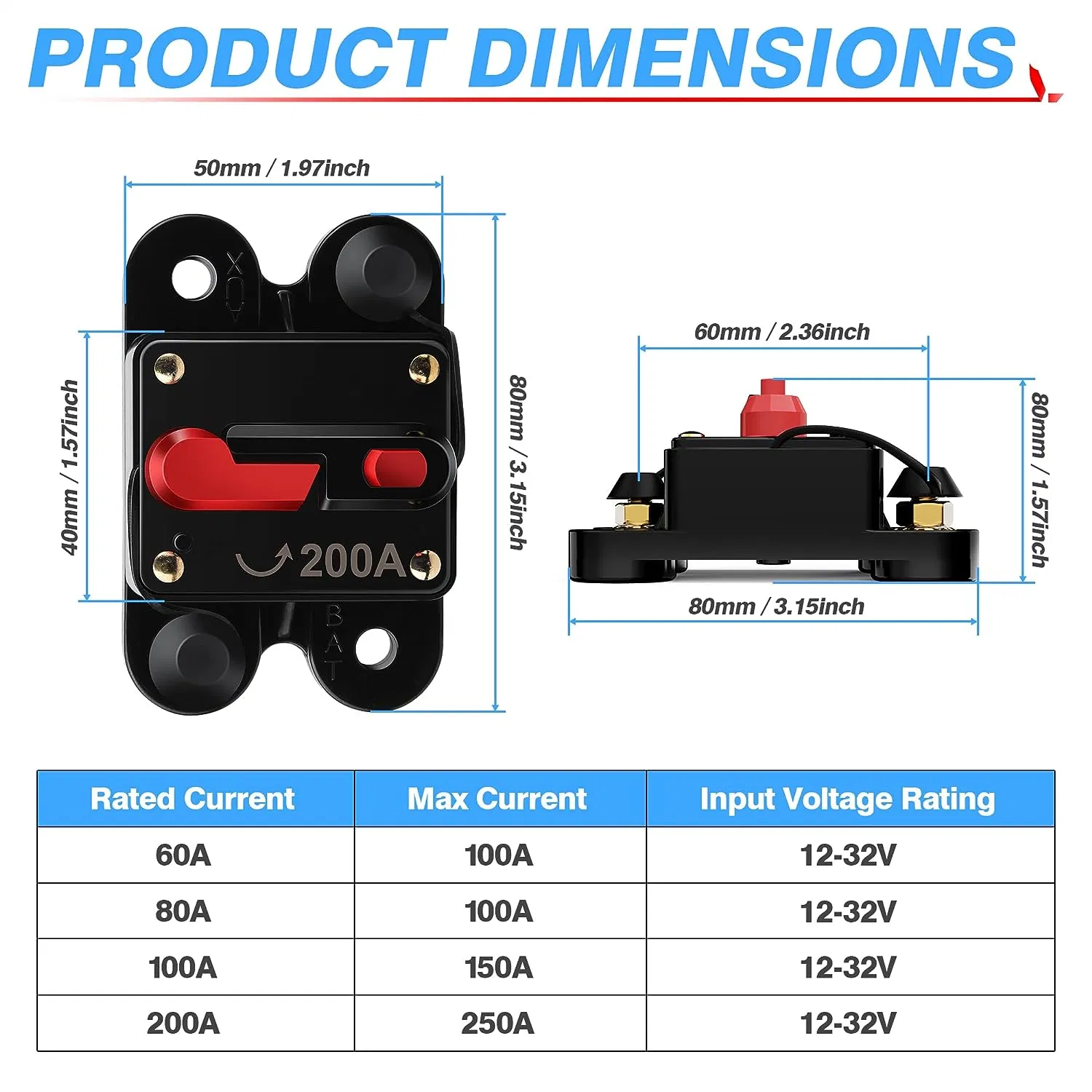 200 AMP disyuntor con interruptor de reinicio manual cubierta protectora de polvo para coches Marine Trling Motors Barco ATV camión RV batería Yaht, 12-32V DC