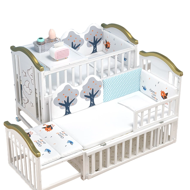 European Style New Zealand Pine White Baby Crib Splicing Bed