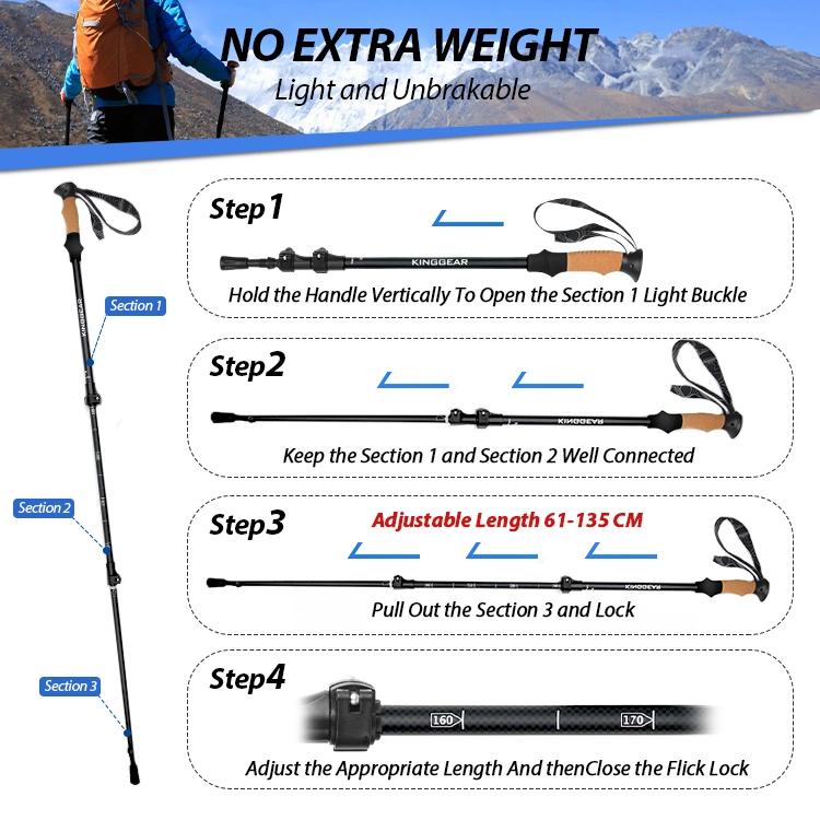 Custom 7075-Section Telescopic aluminio 3 Palas plegables caminando Postes Trekking Balancín de senderismo con sistema de bloqueo rápido