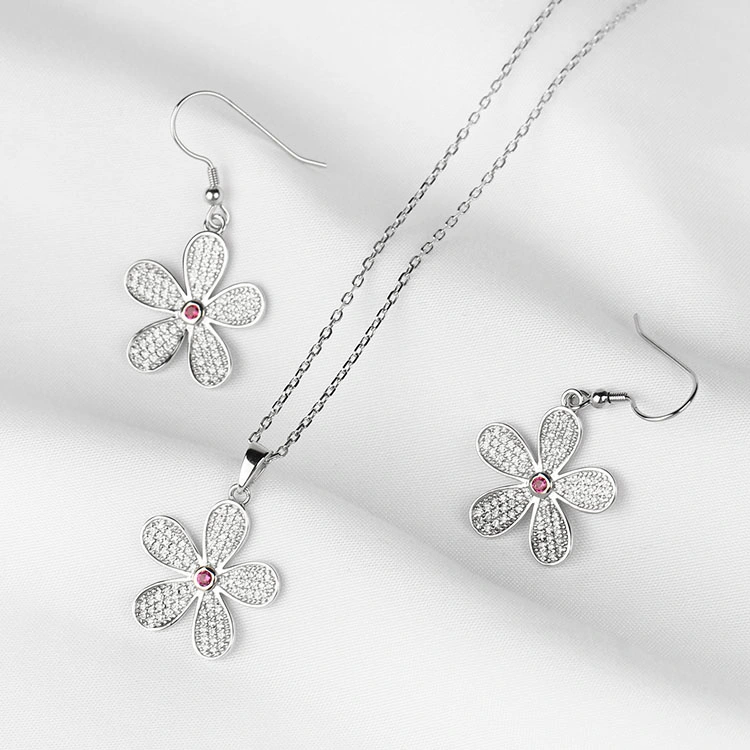 Wholesale/Supplier Jewelry Beautiful Flower Pendant and Earring Silver Jewelry Set for Women