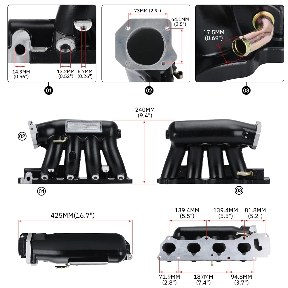 Aluminum Intake Manifold for 06-11 Honda Civic 04-08 Acura Tsx K20z3 Silver/Black