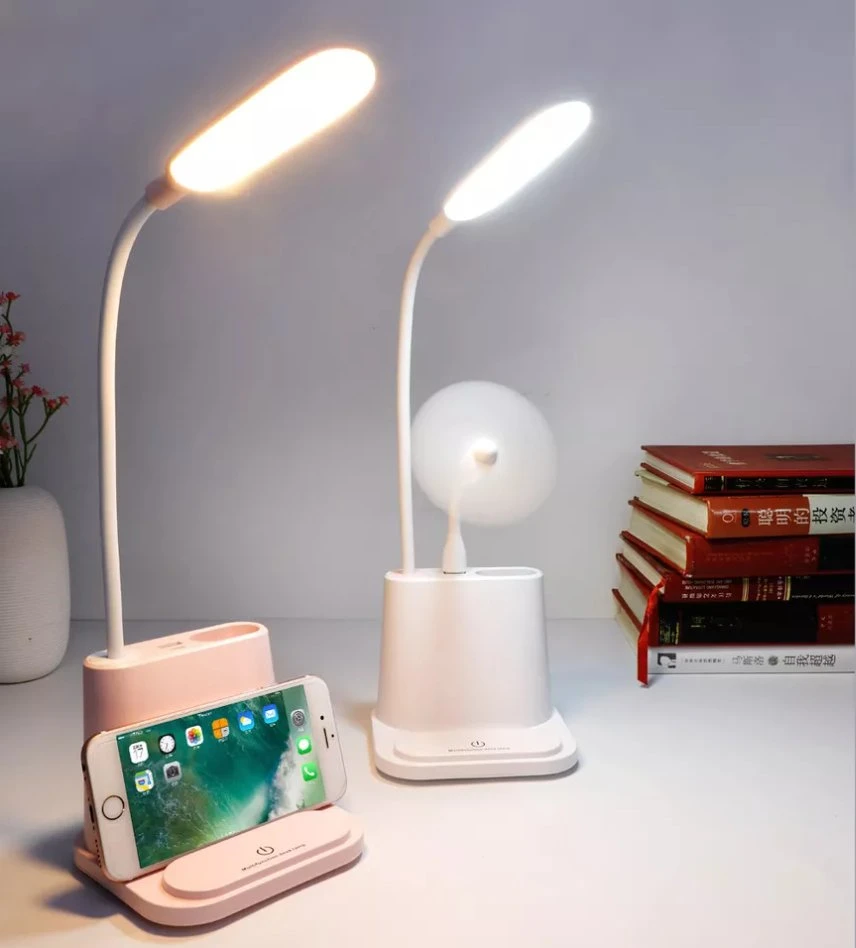 Portable Flexible Table Lamp Pen Holder and USB Outlet Rechargeable Battery Redading Book Lights LED Table Lamp Light with Brightness Adjustable Mini Fan Output