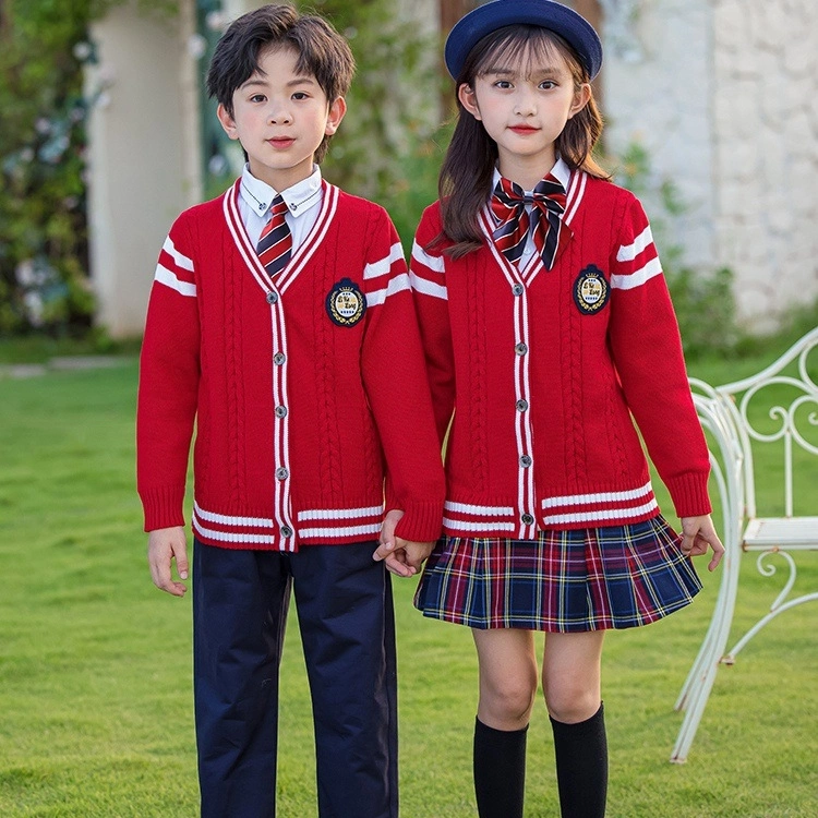 English Style Team Uniform Spring and Autumn Attire Cardigan Red Sweater