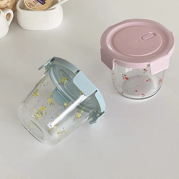 700ml Preservation Box Microwavable Lunch Box High Temperature Resistant Glass Soup Bowl Sealed Portable Household Cute Little Floral Bento Box