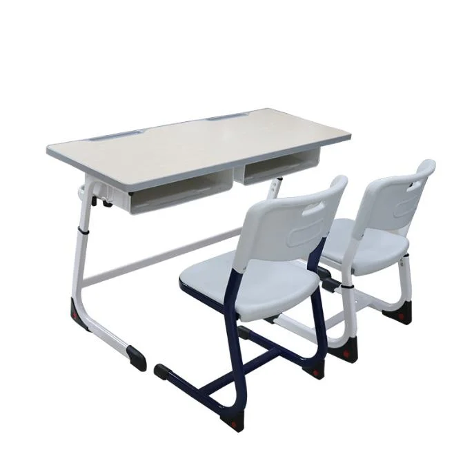 Modern School Furniture Two Students Wooden Study Table Desk and Chairs Set