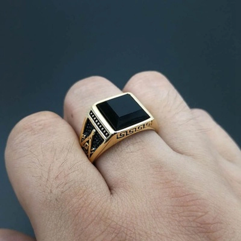 Stainless Steel Ring with Agate Big Black Stone Ring Esg14281