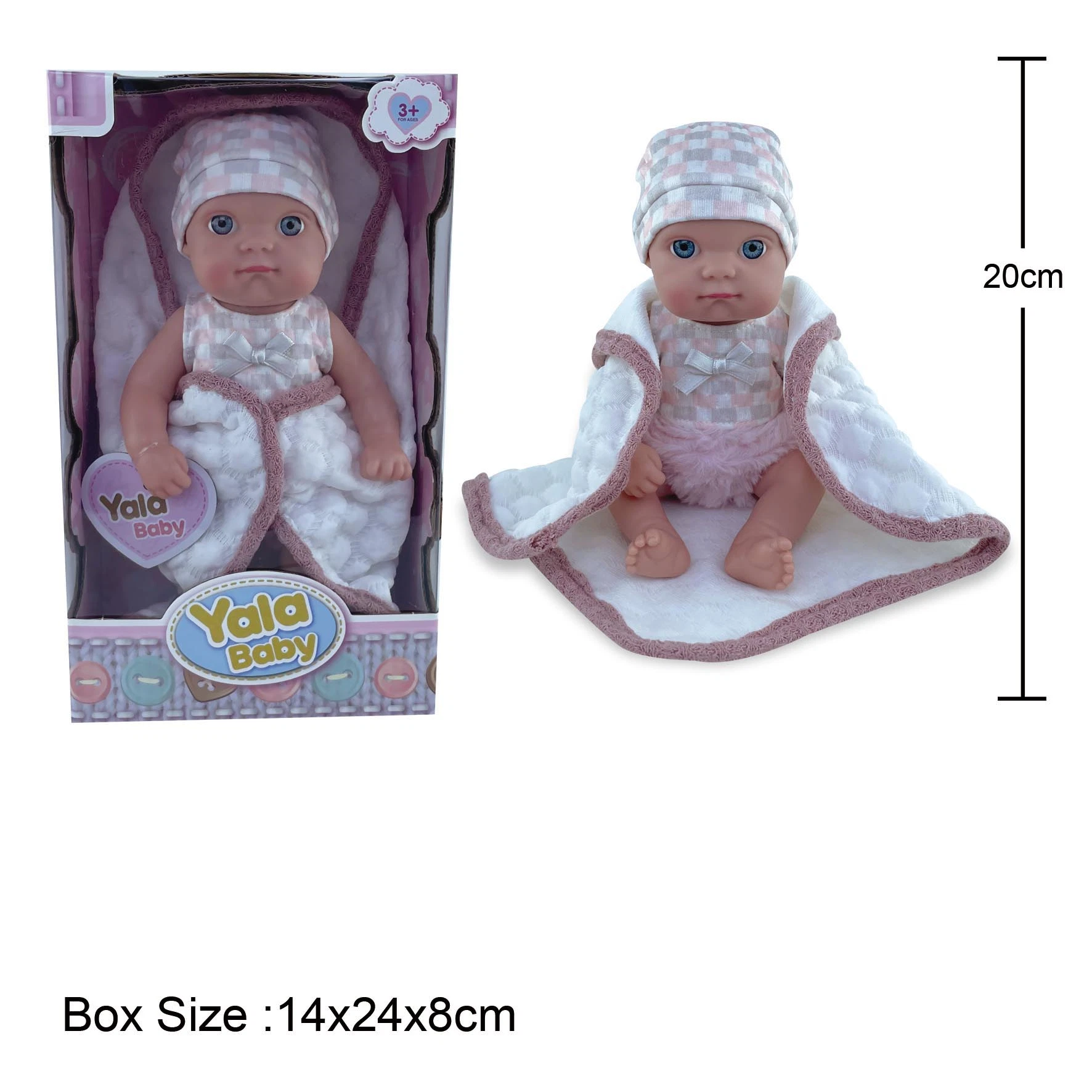 New 8" Good Quality Lovely Face Toddler Baby PVC Mini Doll with Fashion Fabric Blanket