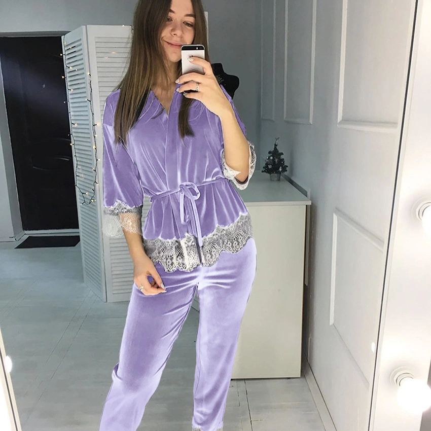 La mujer de la Moda de primavera y otoño encajes pijamas pegado 2 piezas de desgaste de Purple Lounge