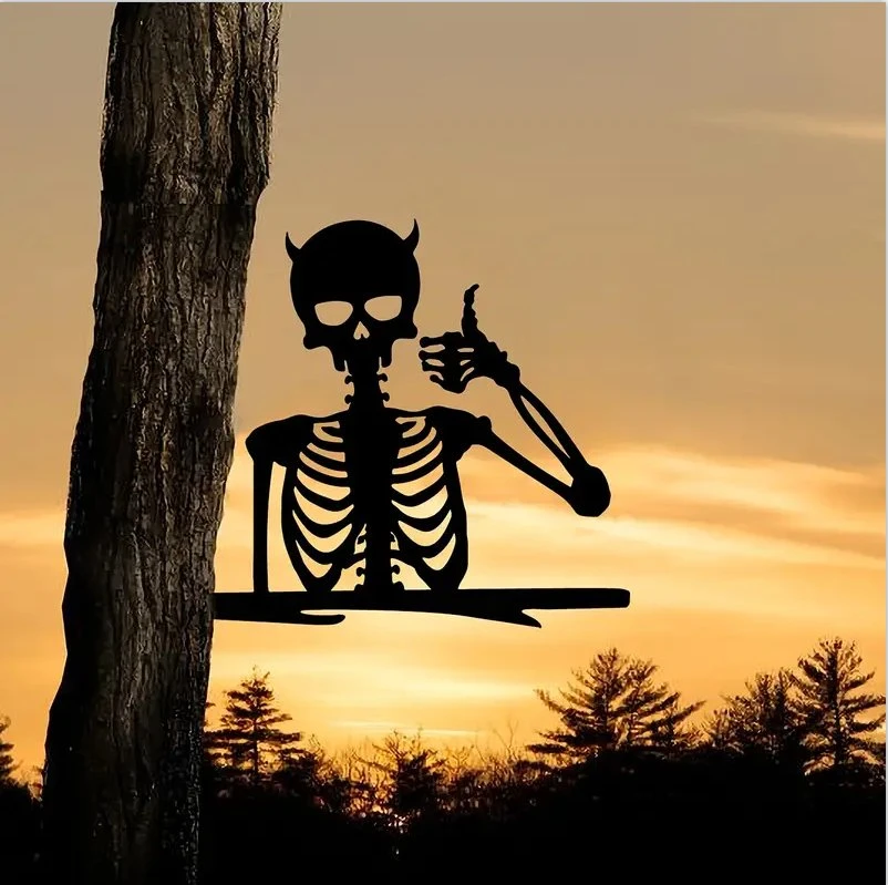 Halloween Cut-out Skeleton on Branch Steel Silhouette Metal Wall Art Home Garden Yard Patio Outdoor Statue Stake Decoration Birthdays, Housewarming Gifts,