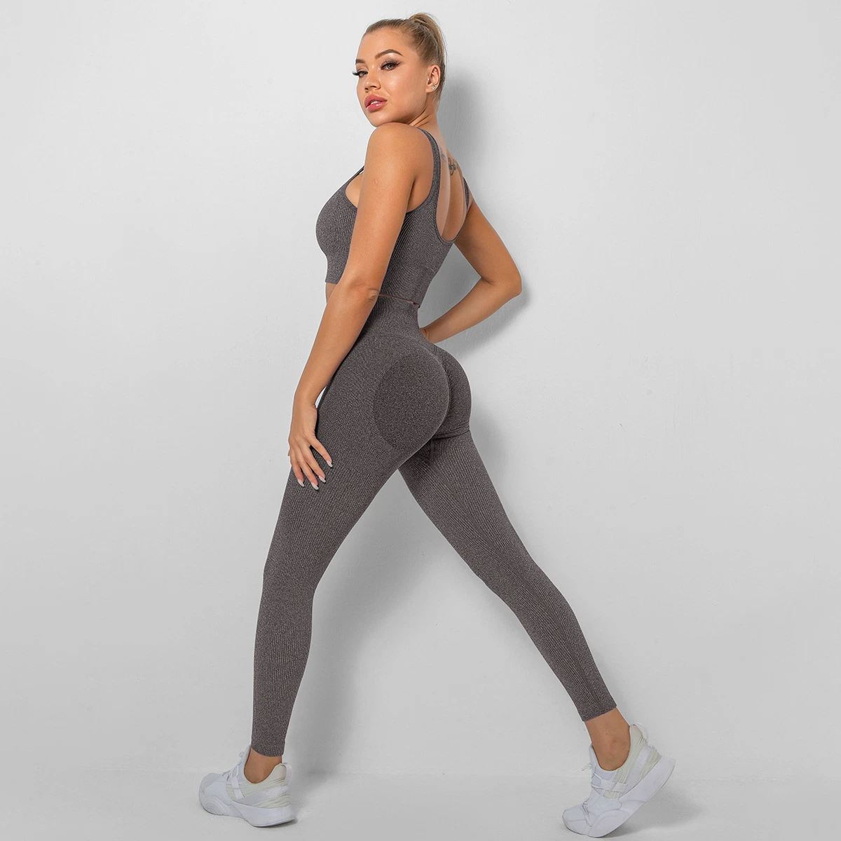 Lift Butt Jogging Suit Solid Color Yoga Suit off Shoulder Sports Vest Fitness Tights Women Gym Wear