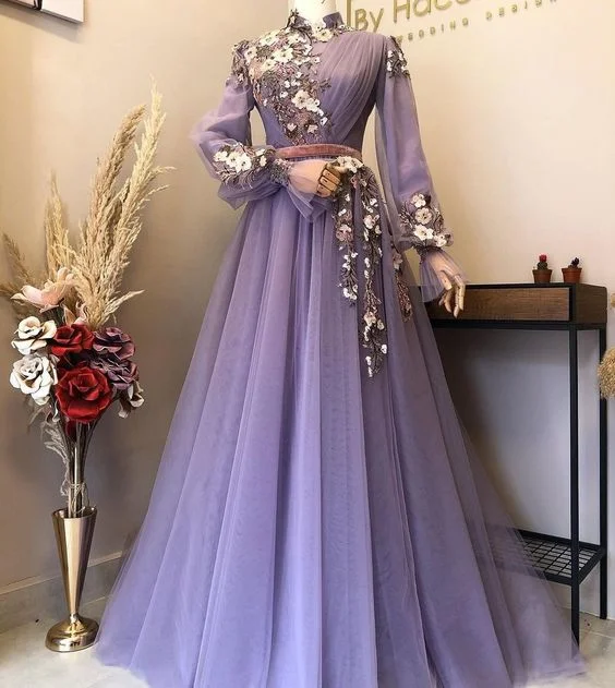 Long Sleeves Muslim Formal Gowns Purple Mother of The Bride Dresses M225