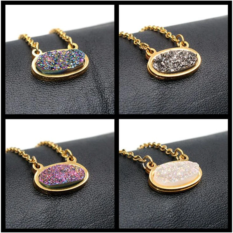 Crystal Inlaid Titanium Steel Gold-Plated Necklace Oval Colorful Double Hook Natural Crystal Necklace